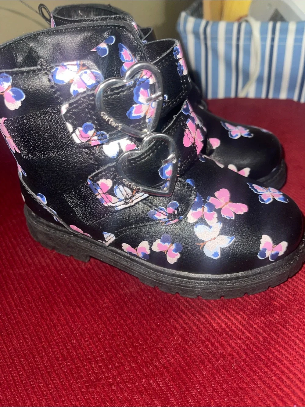 Carter's Black Ankle Boots with Pink & White Butterfly Print